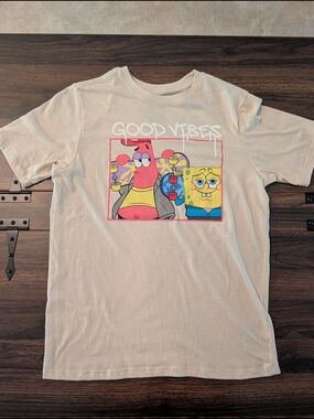 SpongeBob SquarePants Black Logo Tag Print - White Fabric Boys XL
